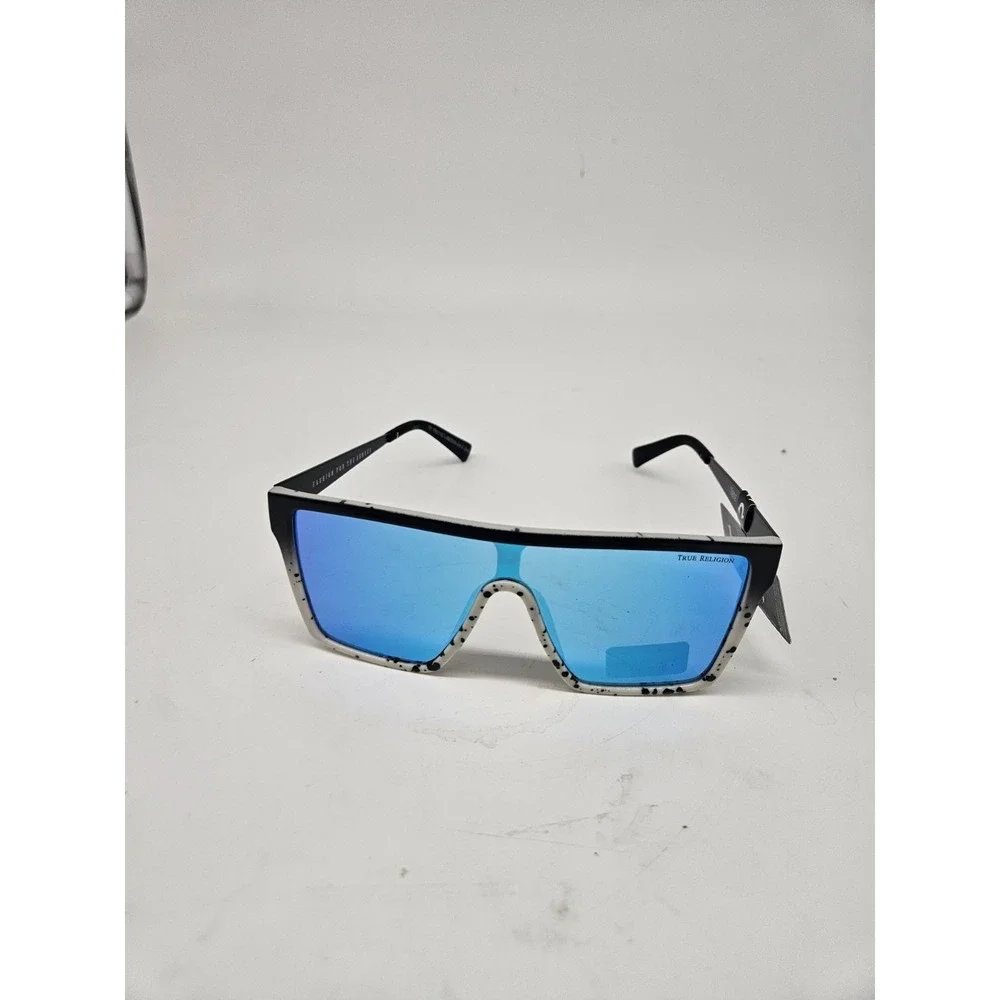 True Religion Men's Shield Sunglasses Black Plastic Frame‎ Blue Mirrored Lens